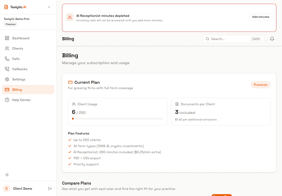 Screenshot: Billing usage stats showing client count (42/50), document extractions, and estimated charges