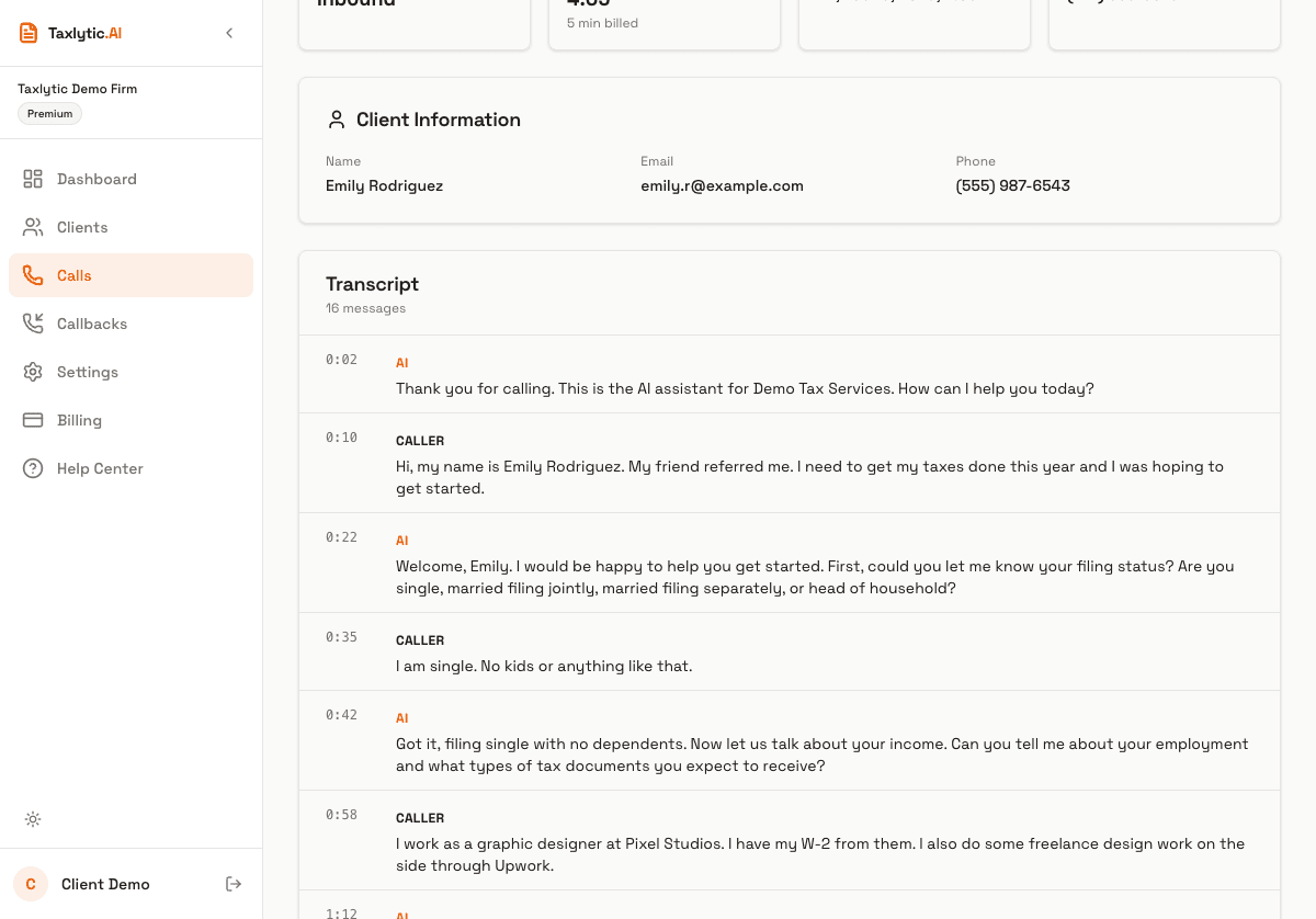 Screenshot: Call detail page showing call metadata cards and the full conversation transcript