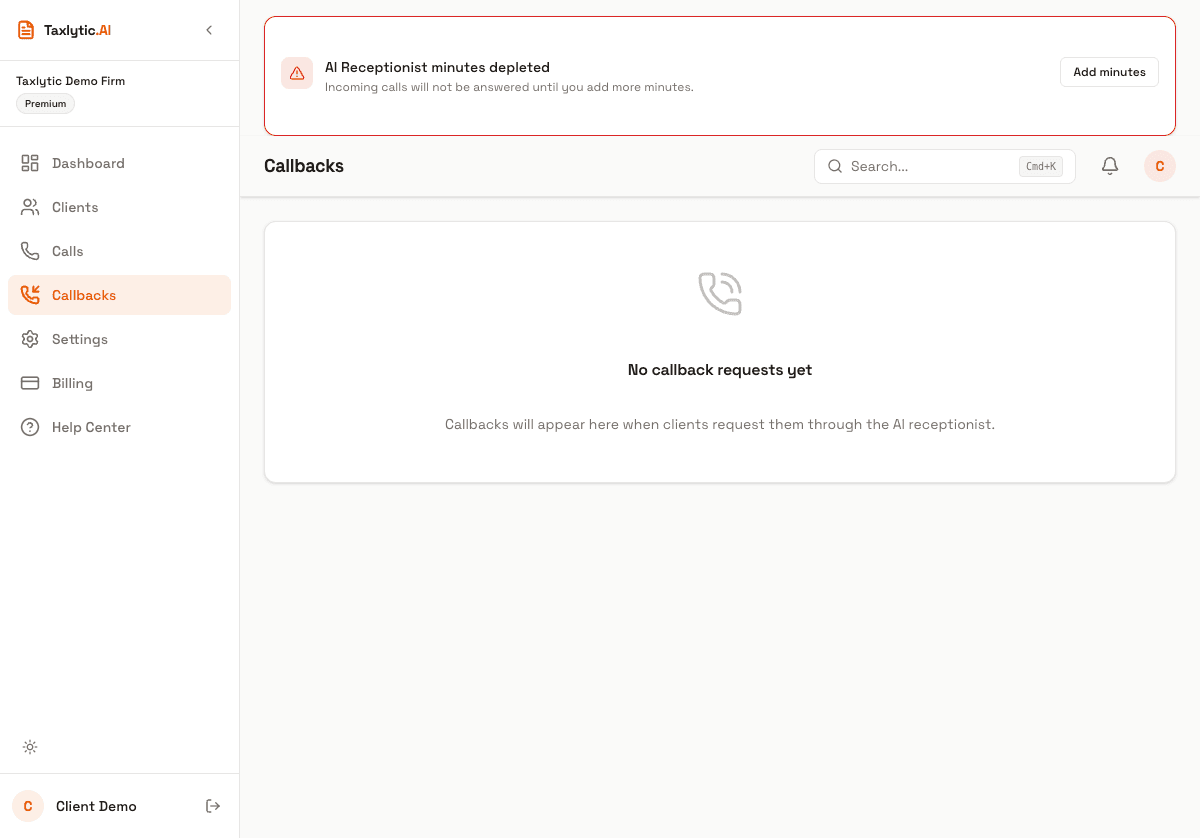 Screenshot: Callbacks page showing pending callback requests with caller info, preferred time, and priority