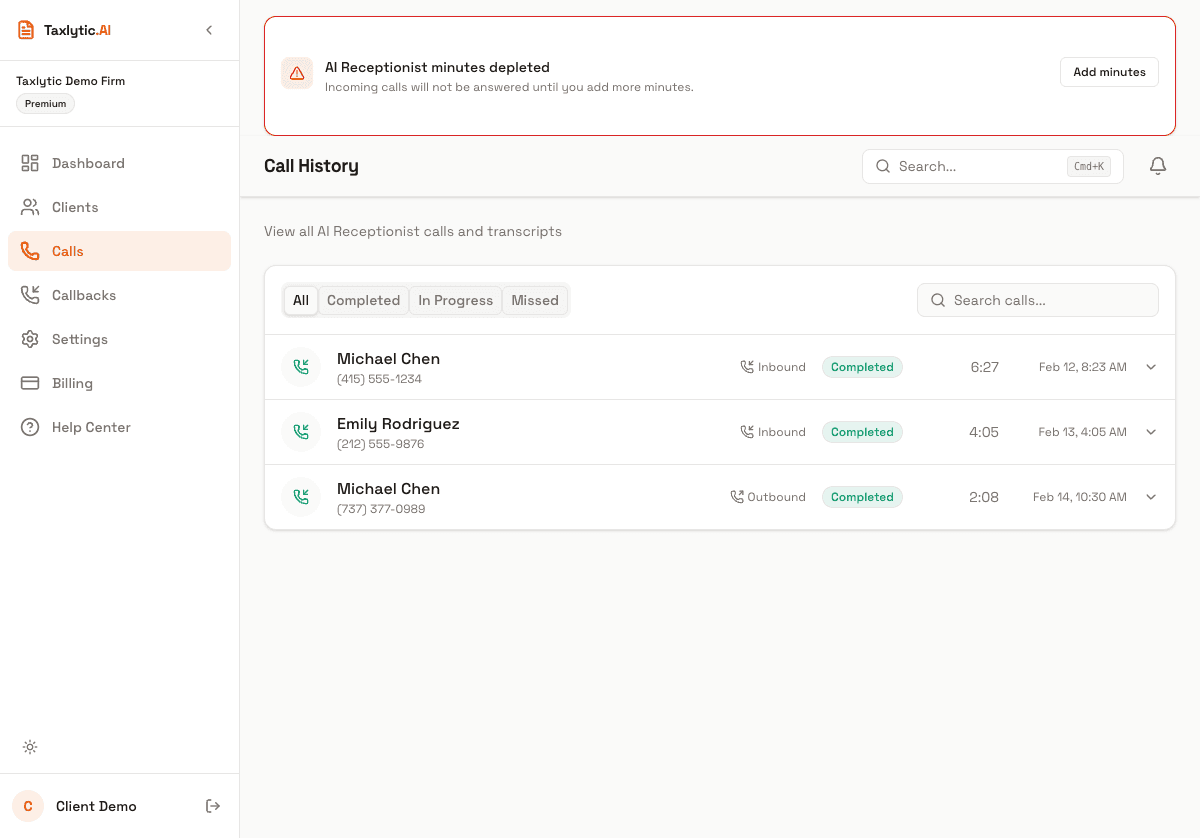 Screenshot: Calls page showing a list of recent calls with phone numbers, dates, durations, and status badges