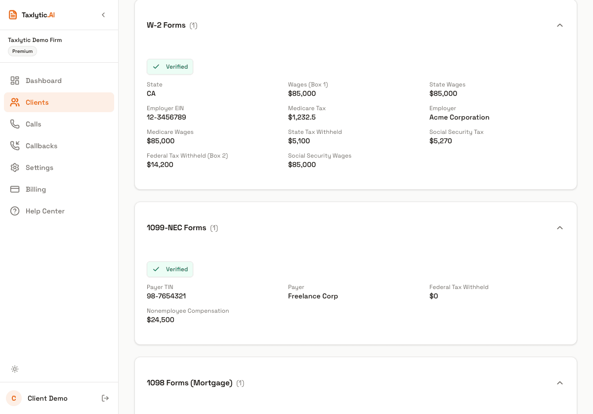 Screenshot: Documents card showing uploaded W-2 with extracted data fields beside the document thumbnail