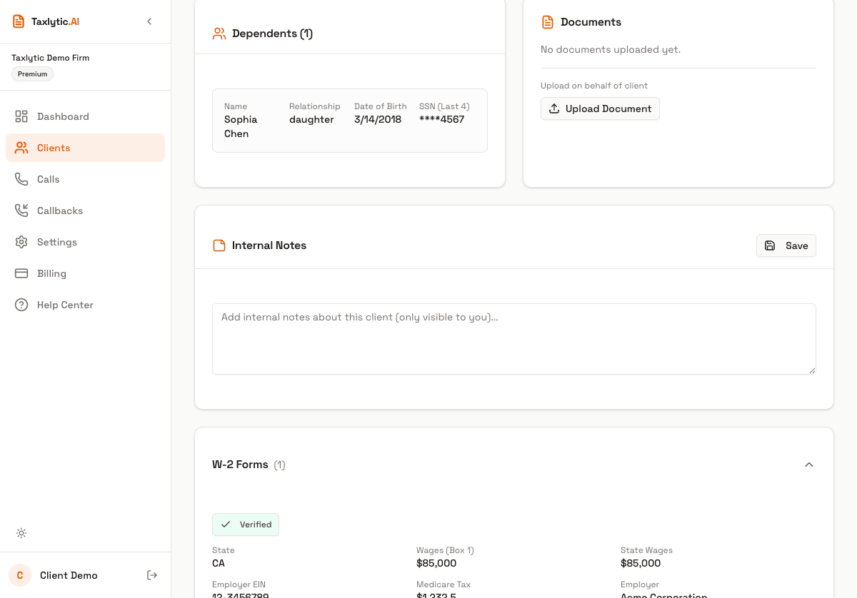 Screenshot: Extracted data display on the dashboard showing fields from a W-2 (employer, wages, tax withheld)