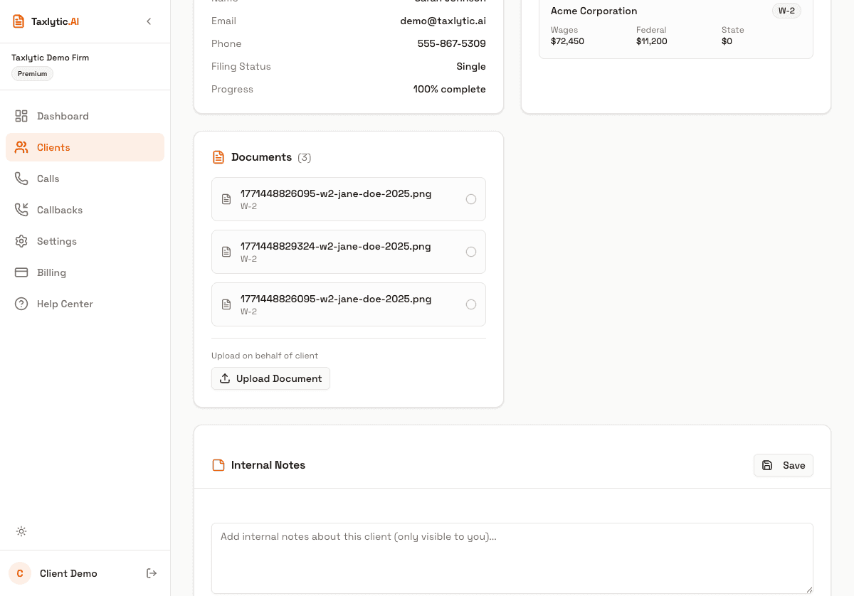 Screenshot: Personal information card showing name, email, phone, filing status, and address fields