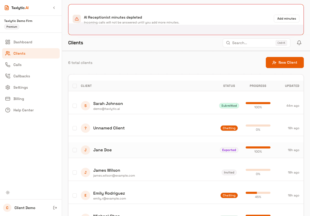Screenshot: Clients page showing a table of clients with name, email, status badge, and date columns