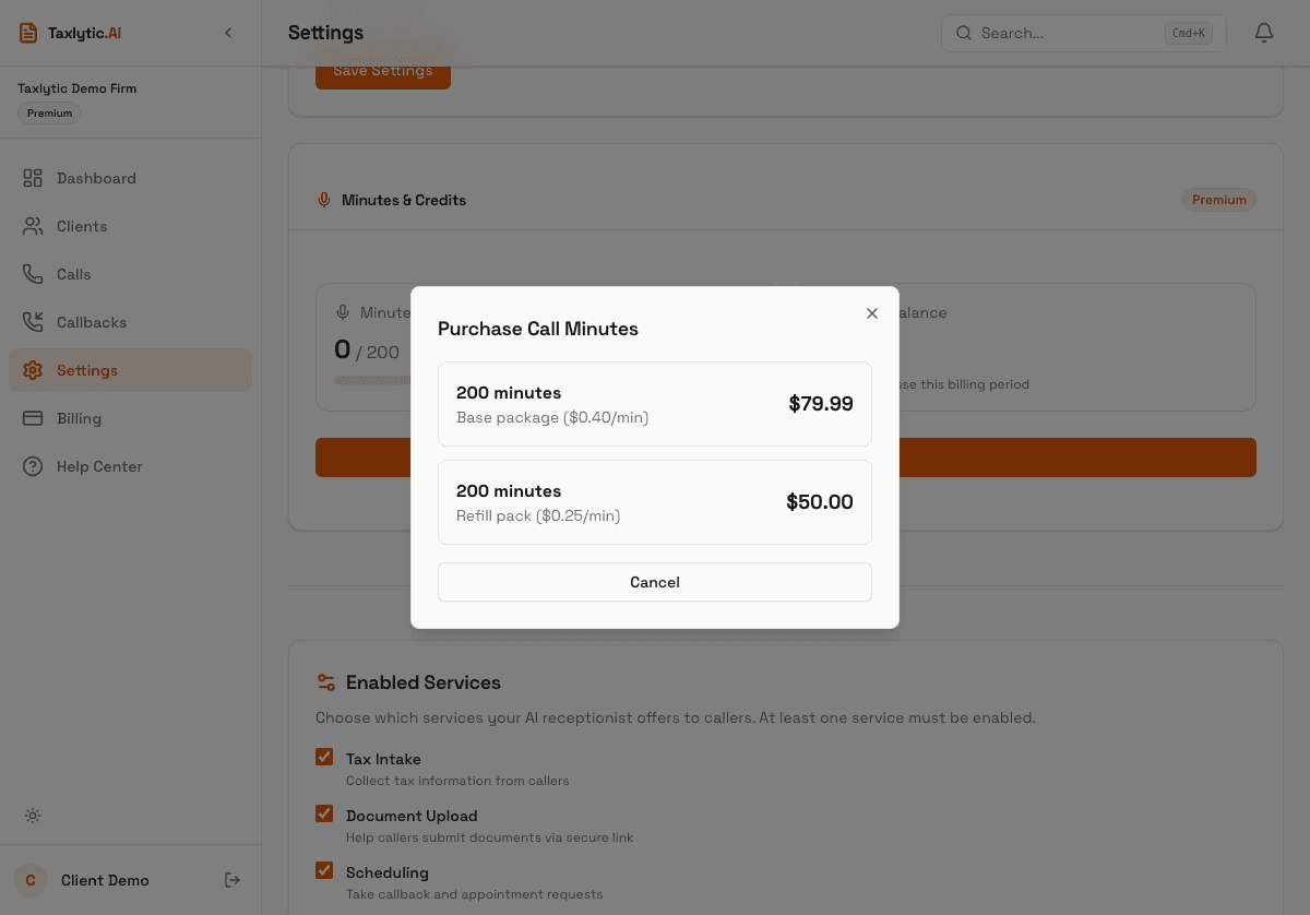 Screenshot: Credit purchase dialog showing minute pack options and pricing