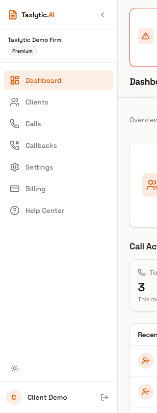 Screenshot: Desktop sidebar navigation showing Overview, Clients, Calls, Callbacks, Billing, and Settings menu items