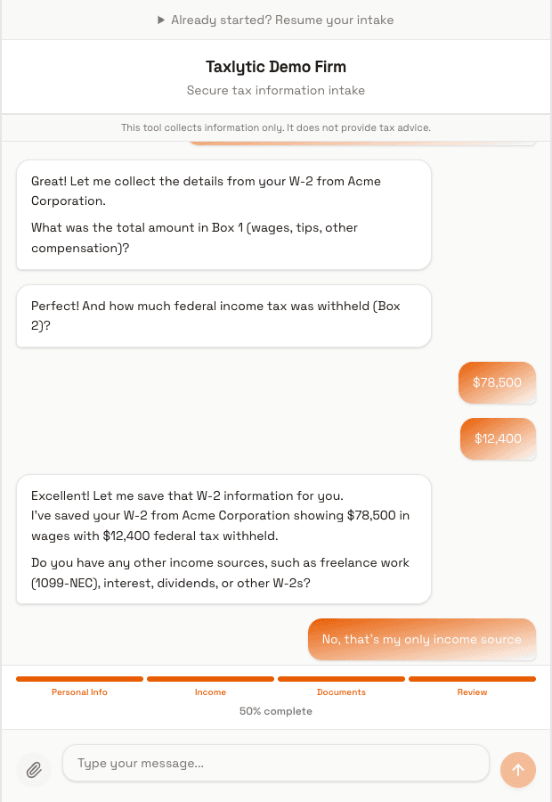Screenshot: Client-side AI chat interface showing a conversational exchange about income sources