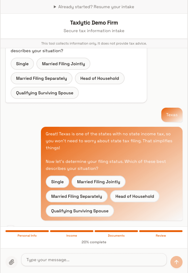 Screenshot: AI chat showing multi-choice option buttons for filing status (Single, Married Filing Jointly, etc.)