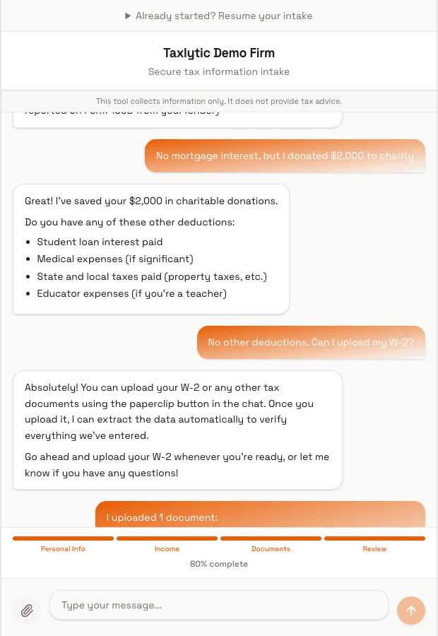 Screenshot: Document upload prompt in the chat with the upload button and a successfully uploaded W-2