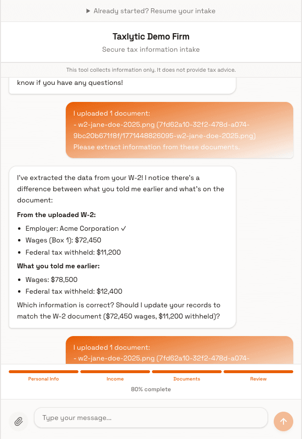 Screenshot: Chat interface showing the upload button and a successfully uploaded W-2 document