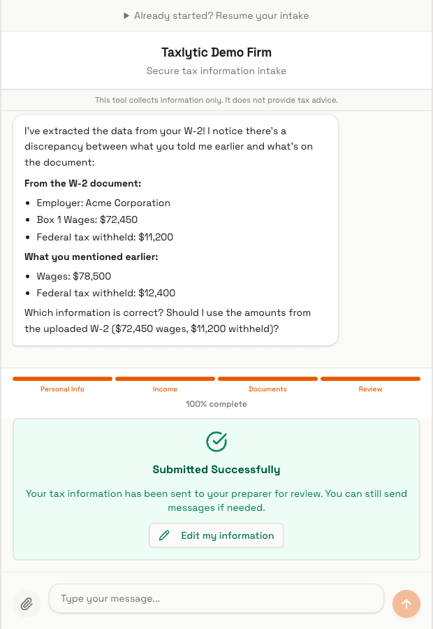 Screenshot: Intake completion screen showing 'Your information has been submitted' confirmation message