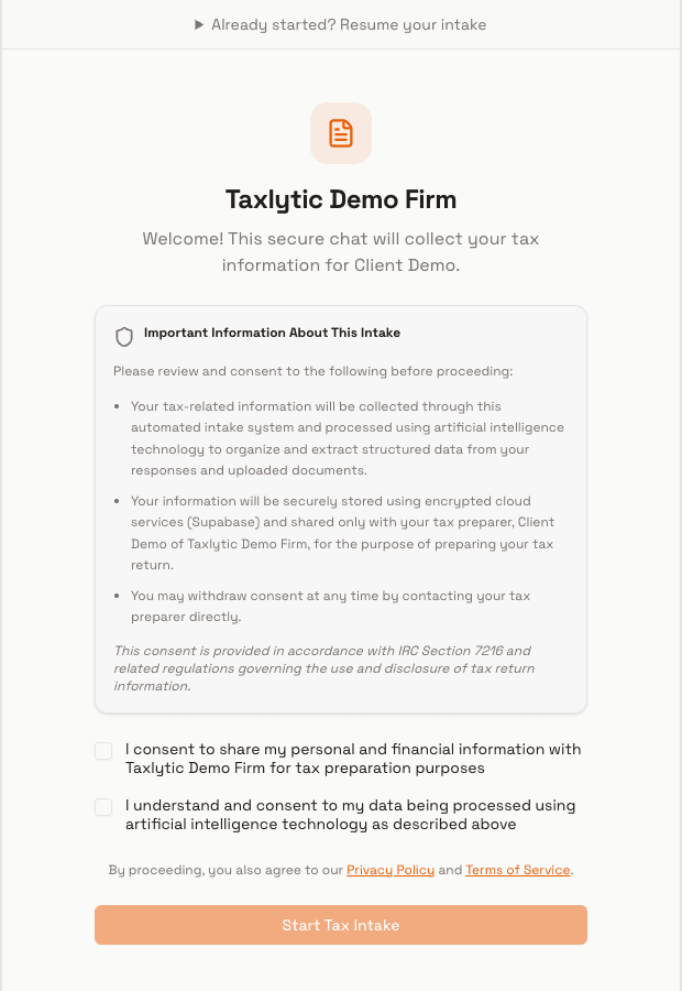 Screenshot: Client consent screen showing firm name, consent text, and 'I Agree' button