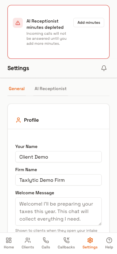 Screenshot: Mobile bottom navigation bar with icons for Overview, Clients, Calls, and More