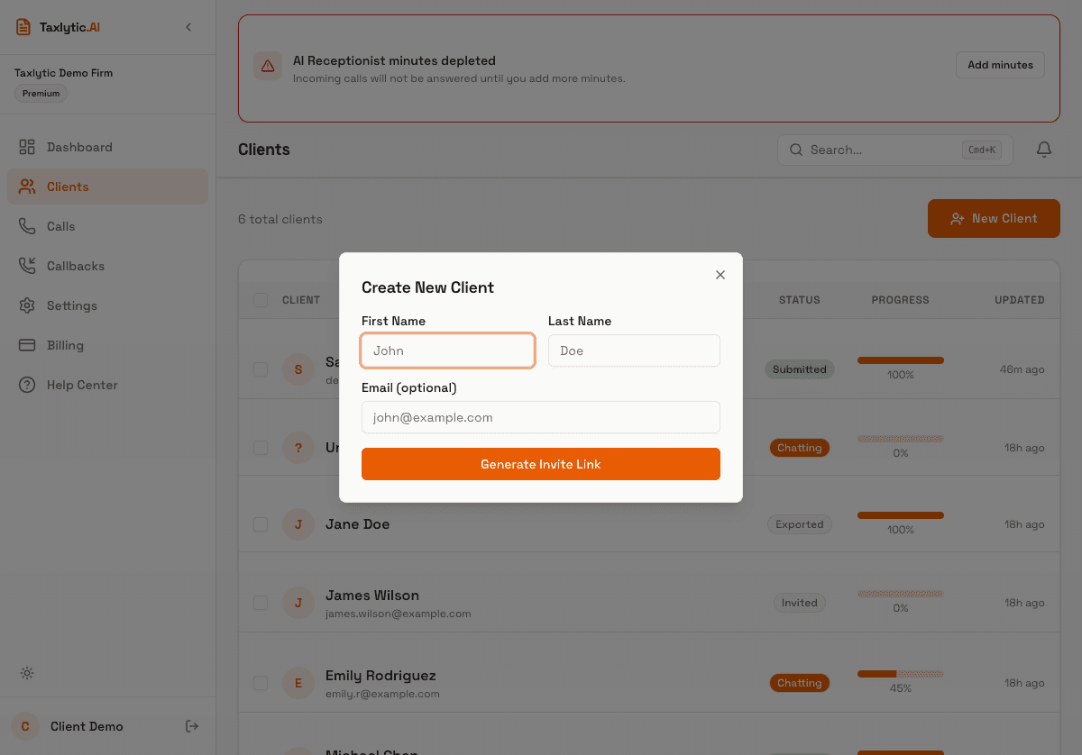 Screenshot: New Client dialog with name and email fields, plus Send Invite button