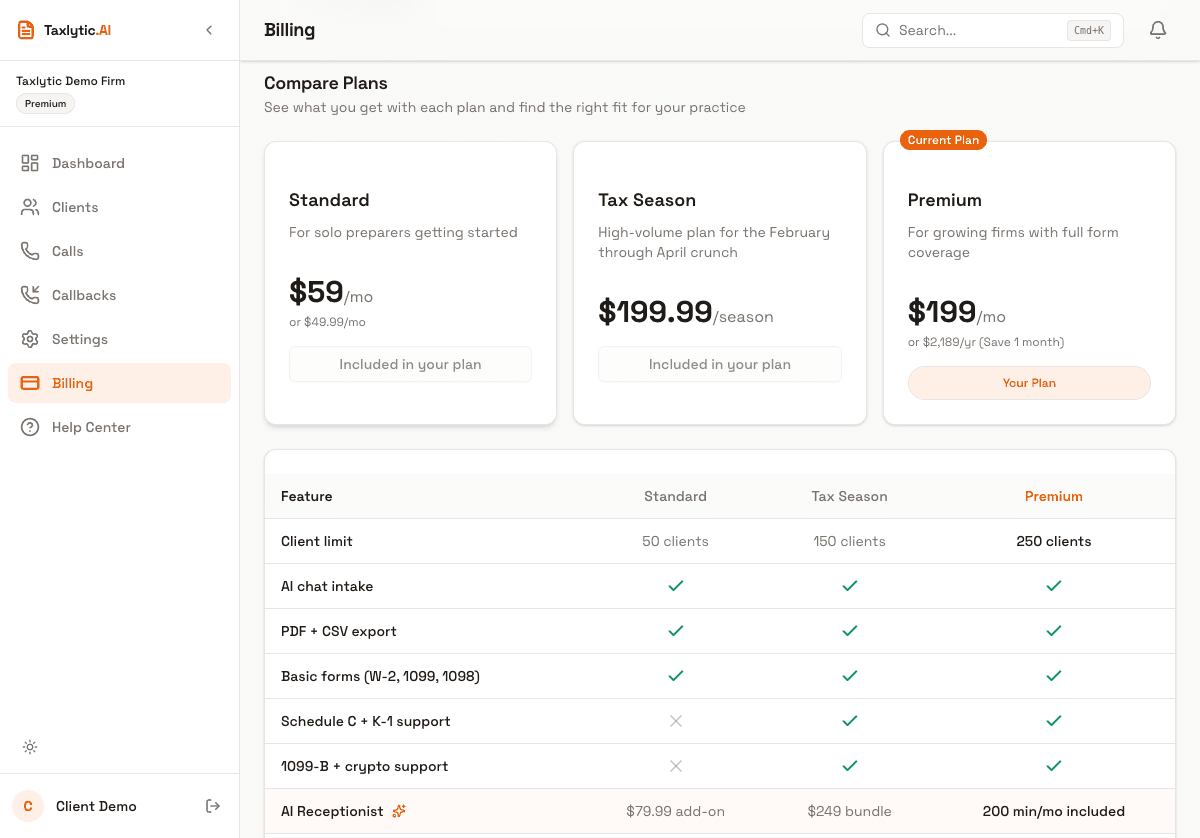 Screenshot: Pricing page showing all three plan cards with features and pricing