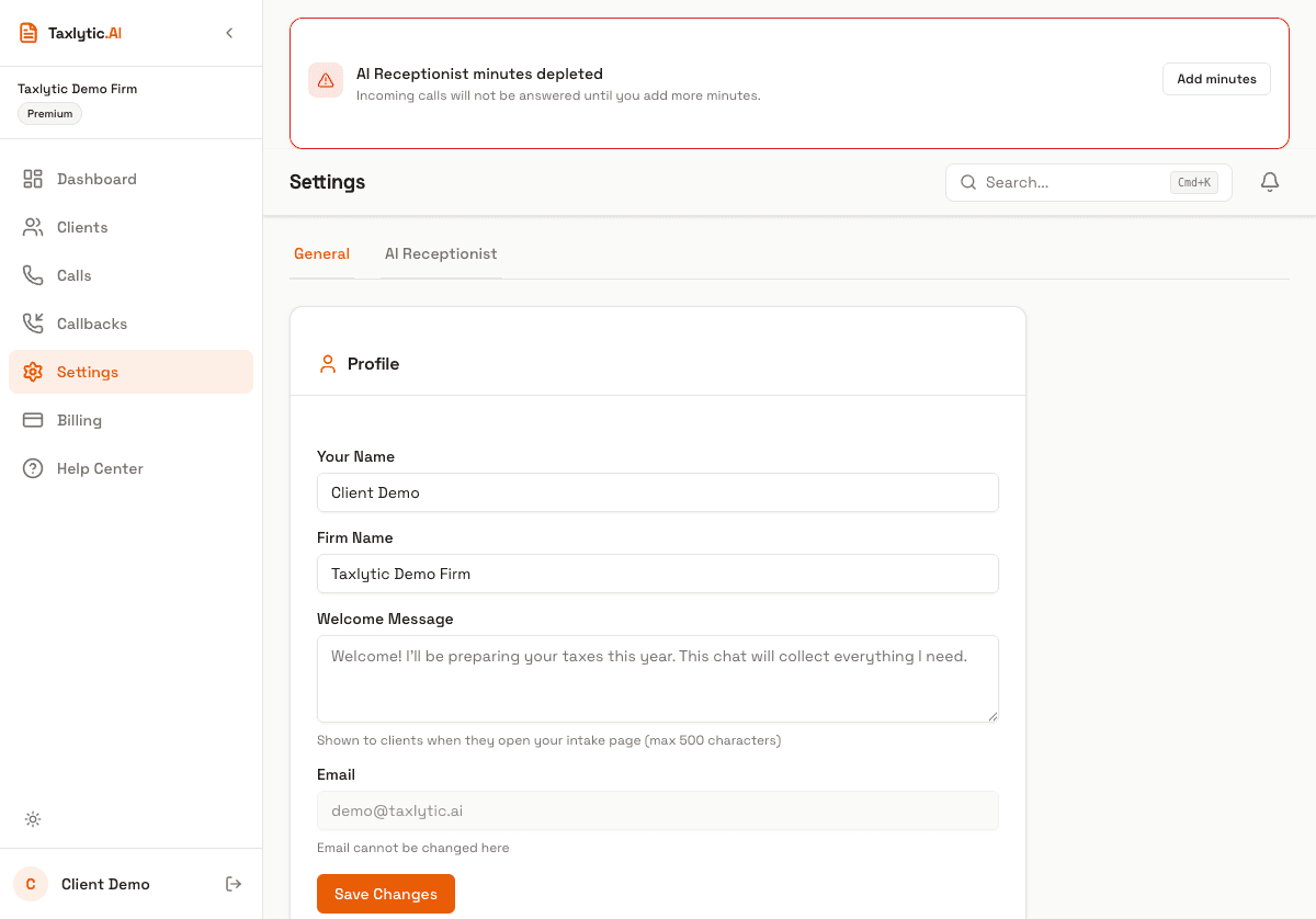 Screenshot: Profile setup form with name, firm name, phone, and subdomain fields. Subdomain shows availability check.