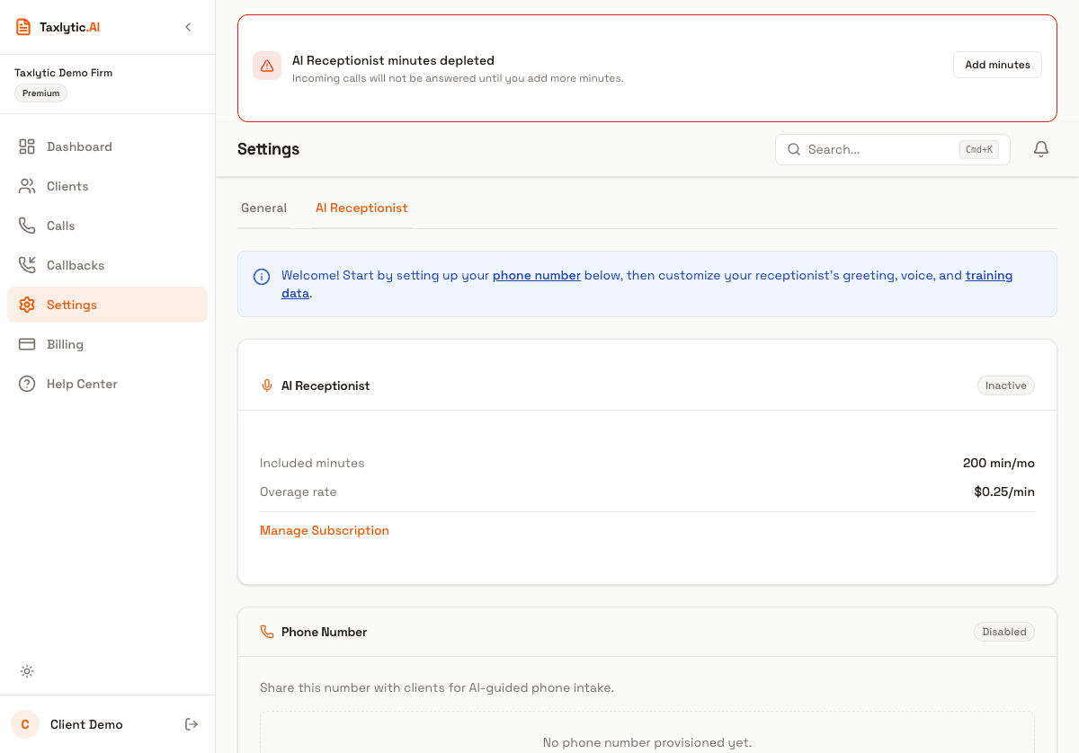 Screenshot: AI Receptionist settings showing credit balance, minutes used this month, and recent transactions