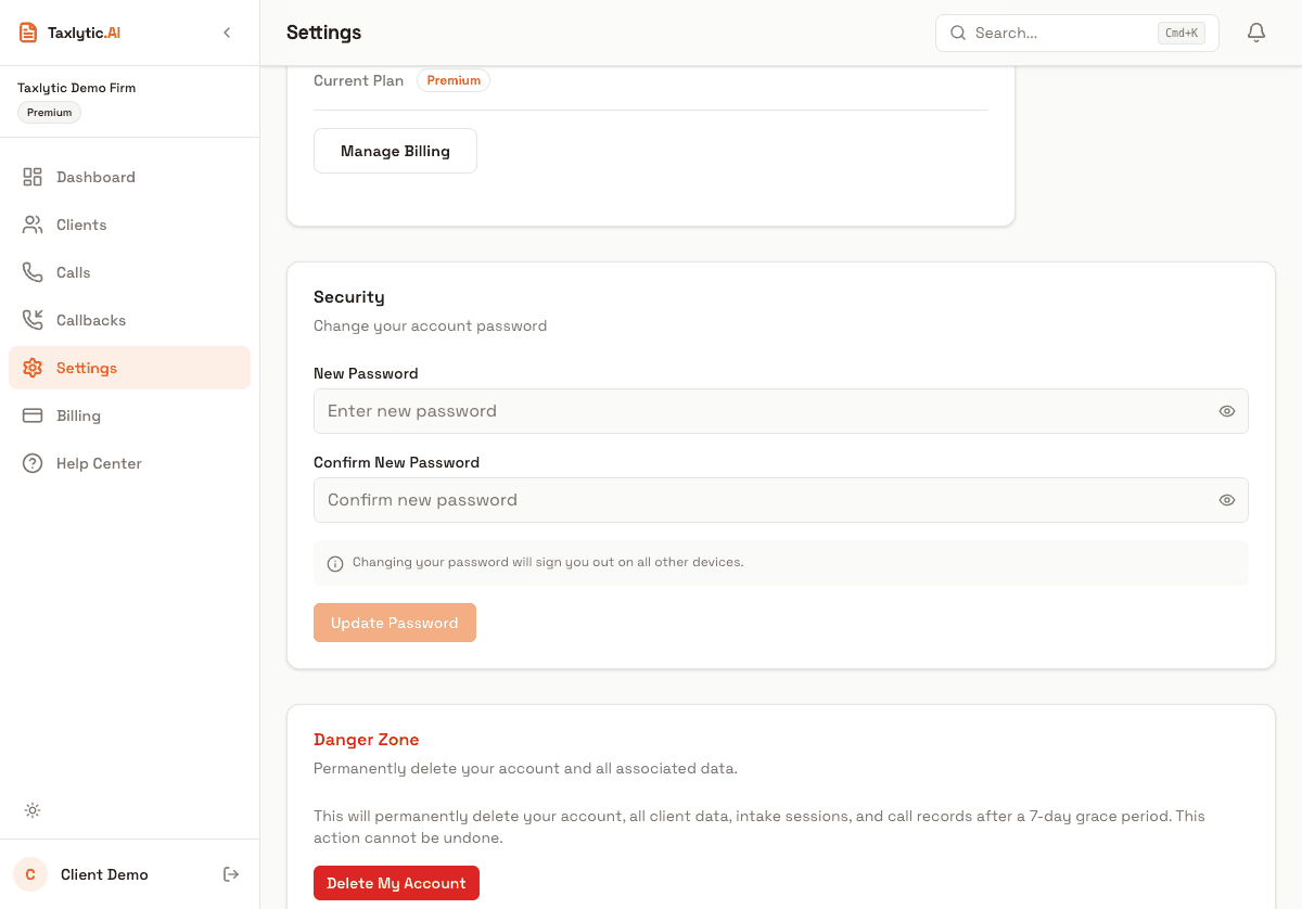 Screenshot: Change password section with new password and confirm password fields