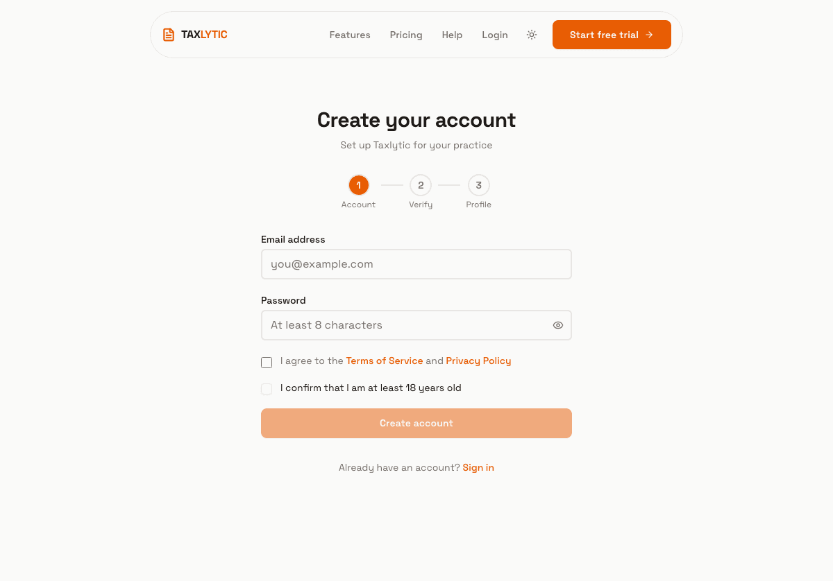 Screenshot: Signup form showing email, password, terms acceptance, and age confirmation fields