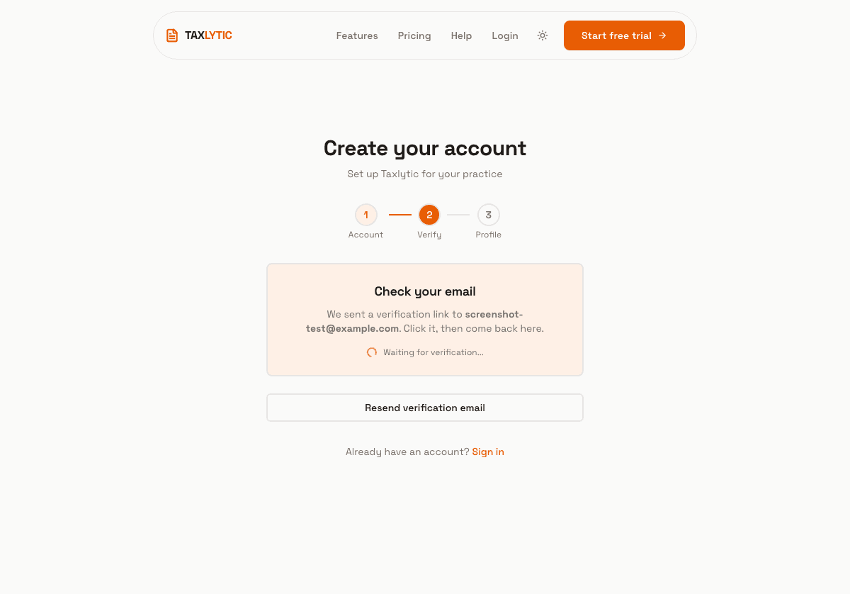 Screenshot: Email verification step with 'Check your inbox' prompt and resend option
