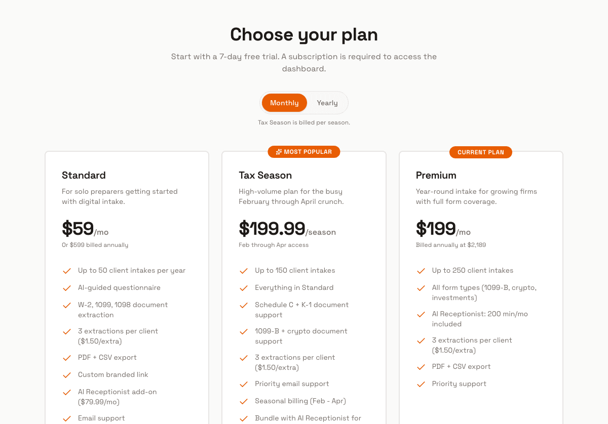 Screenshot: Subscription selection page showing Standard, Tax Season, and Premium plan cards with pricing and features
